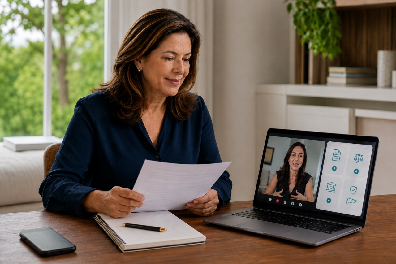 Empresas que compram precatório com segurança jurídica e processo regulado Mulher em casa conversa por videochamada com especialista da Preks, uma das empresas que compram precatório com análise jurídica e processo regulado.