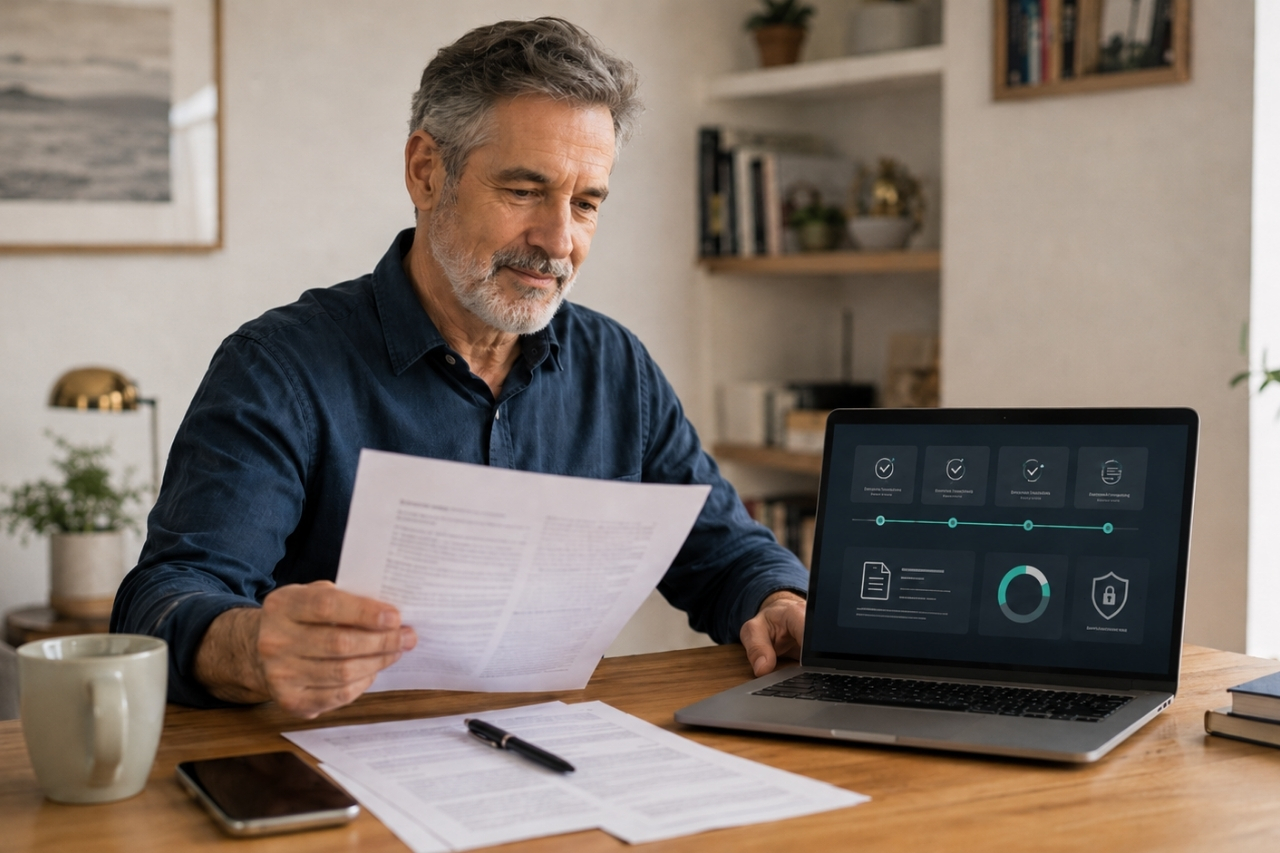 Homem acompanha em casa, pelo notebook, as etapas para vender precatório com segurança na plataforma digital da Preks.