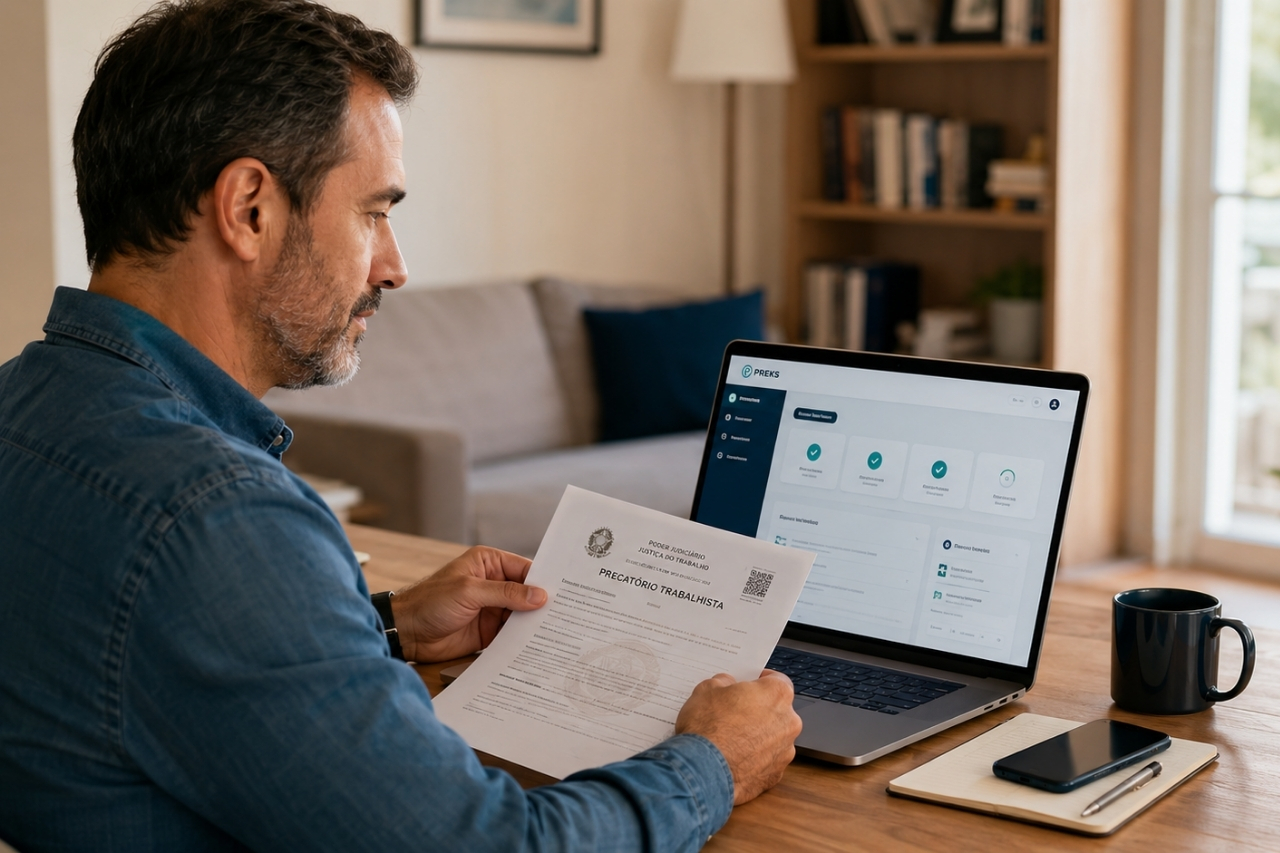 Vender precatório trabalhista online na Preks Homem revisa o documento do Precatório Trabalhista da Justiça do Trabalho em casa enquanto acompanha o processo para vender precatório trabalhista com a Preks.